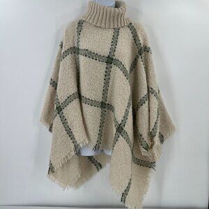 World Market OS Boucle Turtleneck Poncho Beige Sage Green Plaid Fringe Sweater